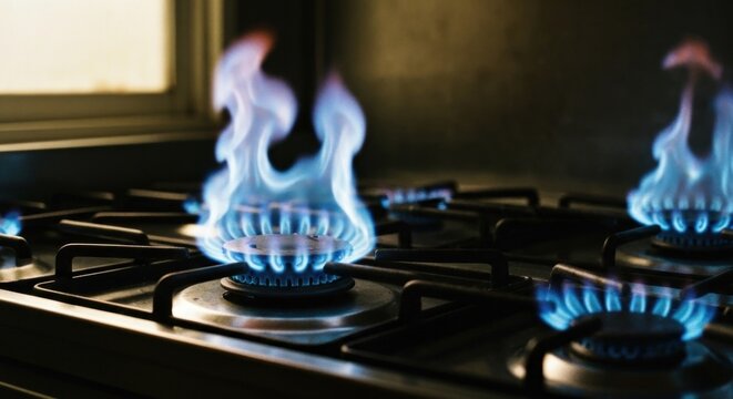 Close-up of blue flames erupting from gas stove burners on a stainless steel surface