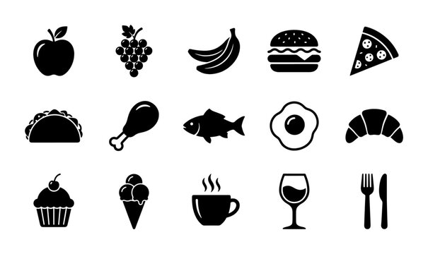 Minimalist food and drink icons set, 15 black vector silhouettes of restaurant menu items, flat grocery and dining symbols for web design