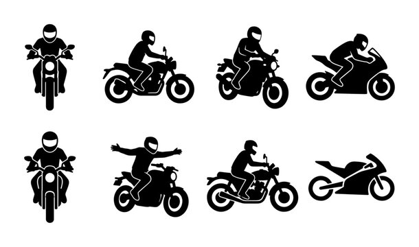 Motorcycle rider silhouette icon set, black motorbike biker vector collection, sport bike and cruiser silhouettes for racing and transportation design