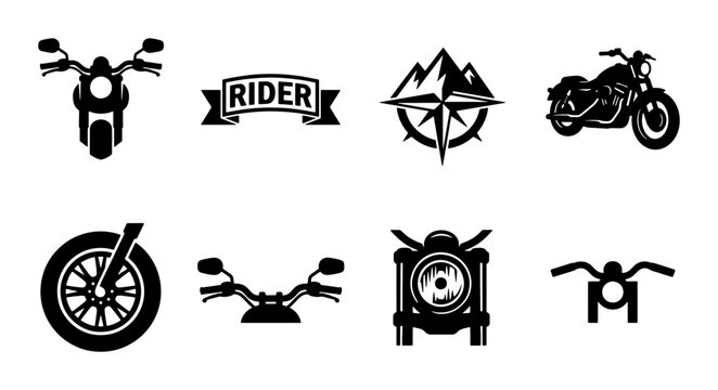 Vintage motorcycle badge collection, black biker club logos and rider icons, 8 vector elements for custom garage apparel and outdoor adventure branding