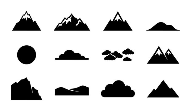 Minimalist mountain icons and cloud silhouettes, set of 12 black vector nature elements, simple landscape peak symbols for logo design and map UI