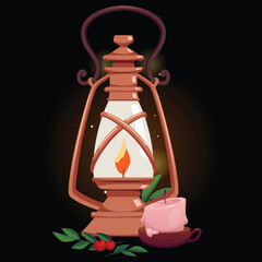 Naklejka premium Vintage magic lantern with burning candle and red berries with leaves, vector antique bronze holder medieval lamp