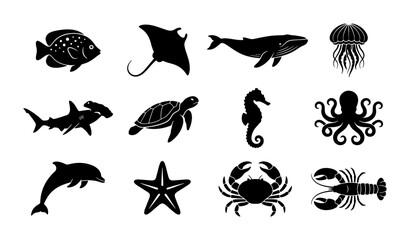 Black sea animal silhouettes, 12 aquatic creature icons set, marine life vector illustrations including whale shark and octopus for ocean conservation © Roksana
