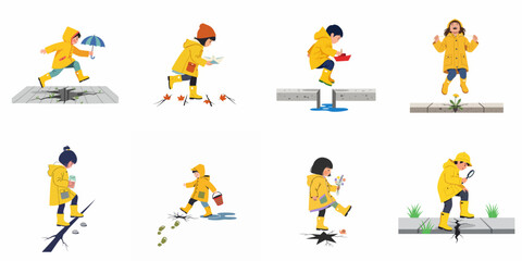 Vector set of children in yellow raincoats and boots exploring, jumping over pavement cracks and puddles, and playing outdoors during a rainy day. © Reno