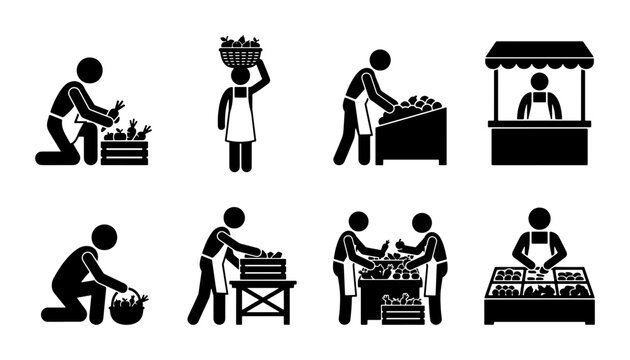 Market vendor stick figure icons, local farmer selling fresh produce set, black and white merchant silhouettes, grocery stall worker vector collection