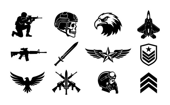Military tactical icons set, black silhouette army symbols including skull, eagle, and weapons, 12 vector elements for gaming and apparel design
