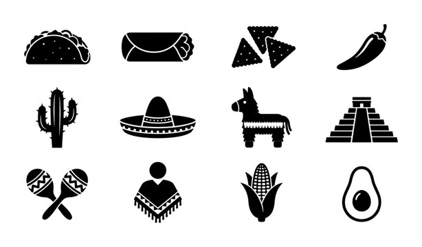 Mexican culture icon set with 12 black vector symbols, traditional food and fiesta elements, minimalist mexico travel and restaurant graphics