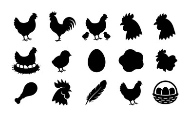 Black chicken silhouette icons set, 15 poultry farm vector elements, rooster and hen silhouettes with eggs and chicks for organic food branding © Javed