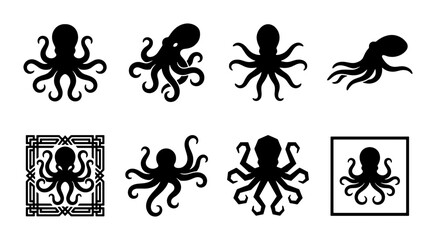 Black octopus silhouette icons set, 8 sea creature vector illustrations, minimalist kraken and cephalopod symbols for logo design and nautical branding © Roksana