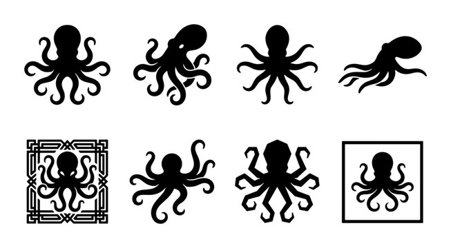 Black octopus silhouette icons set, 8 sea creature vector illustrations, minimalist kraken and cephalopod symbols for logo design and nautical branding