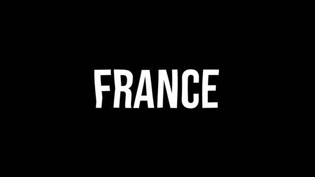 Bold France text animation in white on a dark background, featuring a clean and smooth motion, ideal for geographic and title visuals.