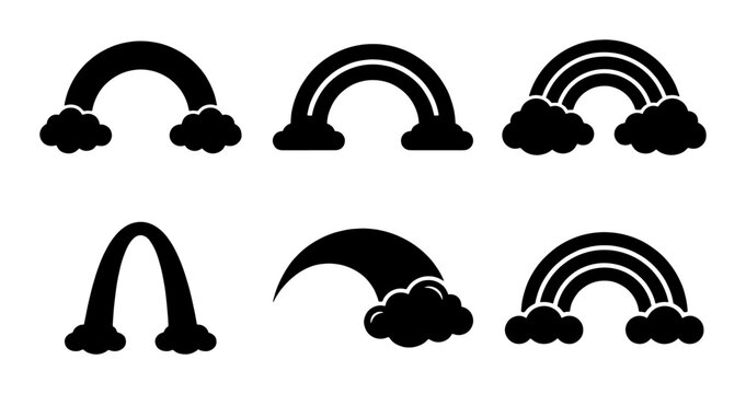Minimalist rainbow silhouette icons set, black weather symbols with clouds, 6 vector elements for graphic design and mobile app interfaces
