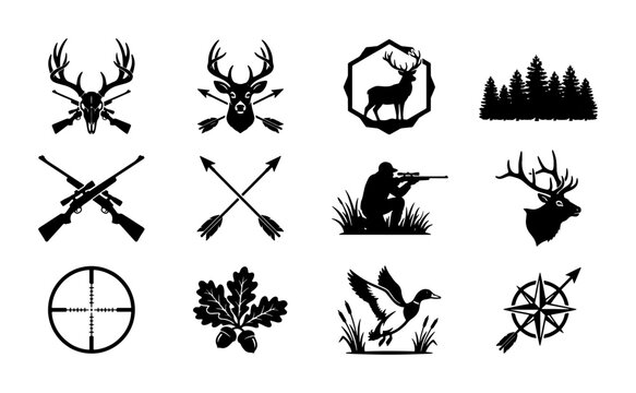 Vintage hunting club badges and outdoor adventure icons, 12 black silhouette hunting elements, deer buck and rifle vector set for camping logos