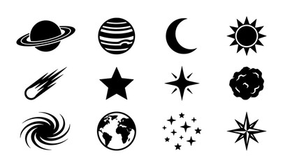 Minimalist space icons set, black celestial vector elements, 12 astronomy symbols including planets, stars, and moon for educational infographics © Mizanur