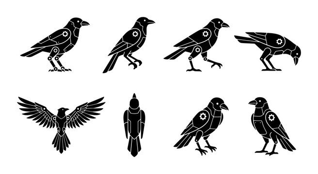 Mechanical crow vector set, robotic raven bird silhouettes with 8 icons, futuristic cybernetic corvid illustrations for sci-fi and tech designs