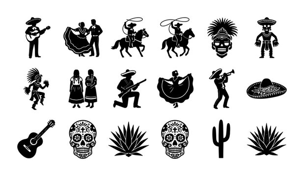 Mexican culture silhouette icons set, traditional mariachi and folk dancer vector elements, day of the dead sugar skulls and agave plants collection