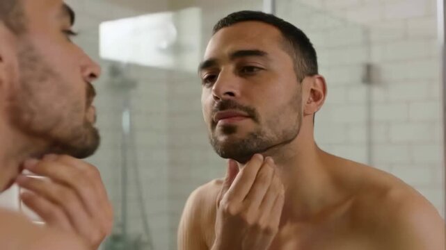 Facing mirror, shirtless man cupping jawline with hands and checking stubble at bathroom