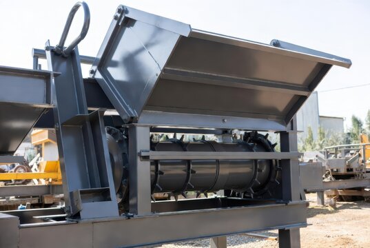 Heavy-duty industrial shredder machine with rotating blades and metal hopper at construction site