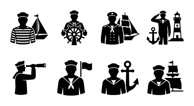 Nautical sailor icons set, black maritime seaman silhouettes with anchor and lighthouse, 8 vector marine captain and navy crew symbols