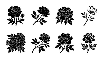Vintage peony flower silhouettes, set of 8 black floral botanical vector icons, elegant rose and peony blossom illustrations for wedding invitations © Javed