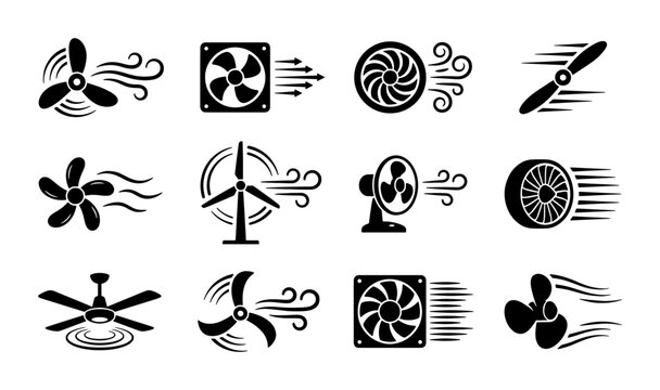 Industrial fan and propeller icons set, black vector wind turbine and ventilation symbols, 12 cooling blower and aircraft engine blade elements