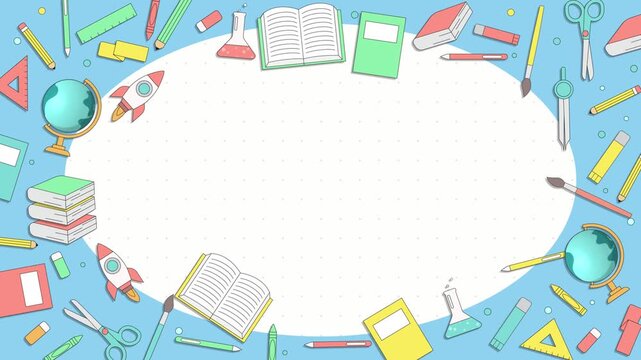 Back to school educational background with science and study tools. 2D flat animation with books, rocket, globe, and stationery around oval frame.