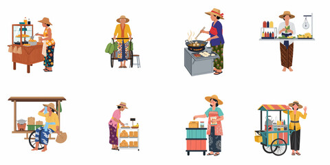 Fototapeta premium A collection of Southeast Asian female street food vendors in traditional clothing operating various mobile stalls and carts, isolated on a white background.