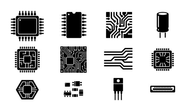 Electronic component icon set, black microchip and semiconductor vector symbols, computer hardware and circuit board elements for engineering
