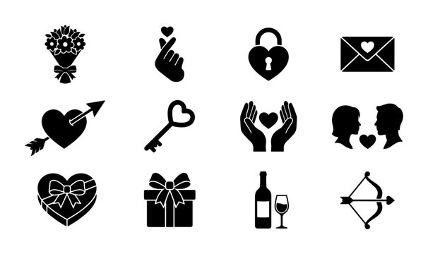 Valentine's Day icons set, romantic love symbols in black solid style, 12 vector elements for wedding and anniversary design, heart and gift graphics
