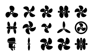 Marine propeller silhouette icons set, nautical boat engine screw collection, 15 black vector fan blades for ship and outboard motor propulsion © Mizanur