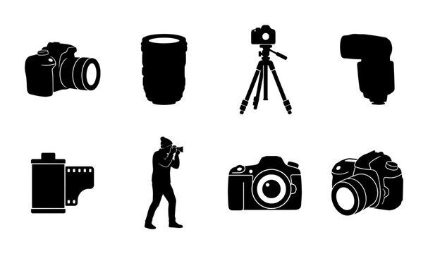 Photography equipment silhouette icons, professional camera gear and photographer set, digital dslr and film roll vector collection, studio accessories