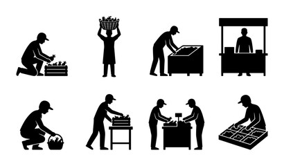 Black silhouette farmer icons set, agricultural worker and market vendor vector elements, farm labor and food production pictograms for infographics © Rabiul