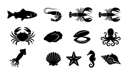Seafood icons set with 13 black silhouettes, marine animal vector collection for restaurant menus, aquatic life symbols including fish and shellfish © Naima