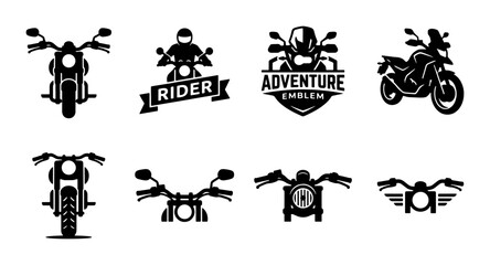 Vintage motorcycle badges and rider emblems, black silhouette motorbike icons set, adventure bike front view vector illustrations for apparel design © Rabiul