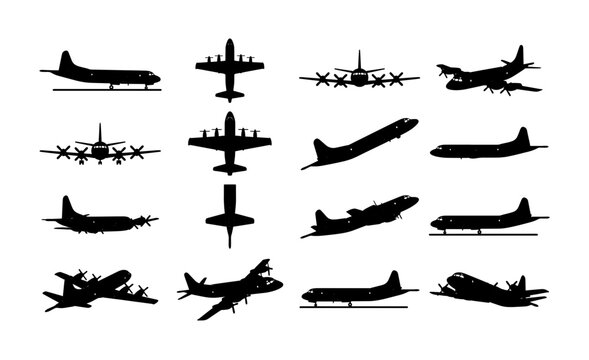 Vintage airplane silhouettes set, 16 propeller aircraft vector icons, retro military and civilian plane shapes, black aviation transport graphics