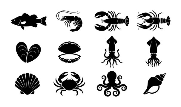Seafood silhouette icon set, 12 black sea animal vector elements, marine food symbols for restaurant menus and fish market branding