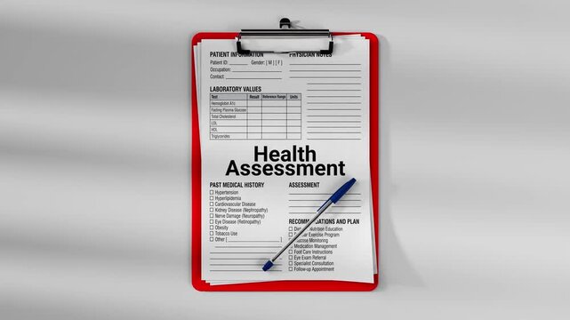 Medical clipboard with patient clinical form showing health assessment and laboratory values. Healthcare documentation concept with physician notes and medical examination record.
