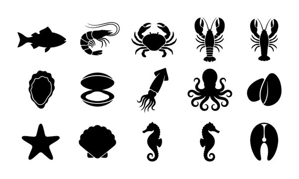 Seafood icons set in black silhouette style, 15 marine animal vector elements, aquatic food symbols for restaurant menu and fish market branding