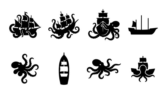 Vintage nautical kraken and sailing ship silhouettes, 8 black sea monster and pirate boat icons, mythical octopus attacking wooden vessel vector set