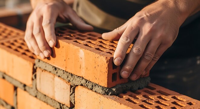 Close Up Of Hands Laying Red Brick With Mortar On Construction Site building bricklayer