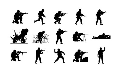 Naklejka premium Military soldier silhouettes set, 15 tactical army infantry vector icons, armed special forces personnel in combat poses, war and defense graphics
