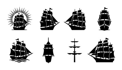 Vintage sailing ship silhouettes set, black nautical vessel icons, 8 antique maritime boat illustrations, classic tall ship vector graphics © Rabiul