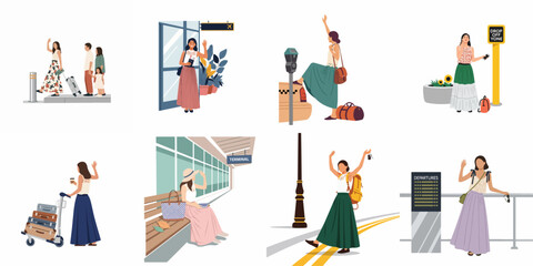 Fototapeta premium Set of diverse travel illustrations showing women at airports, waving goodbye, hailing taxis, and departing on adventures with suitcases and backpacks.
