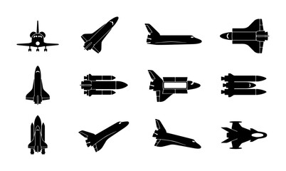 Space shuttle silhouette icons, 12 black vector spacecraft and rocket ship symbols, minimalist aerospace transportation set for science and education © Naima