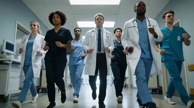 Striding medical team responding to urgent call down hospital hall, lab coats, scrubs, stethoscopes