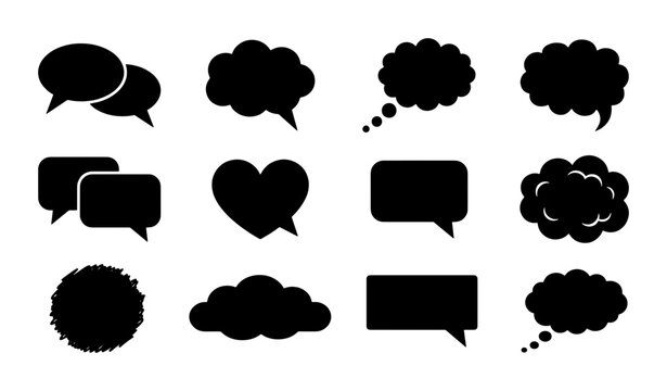 Minimalist black speech bubble silhouettes, set of 12 vector chat icons and thought clouds, flat communication symbols for social media and web design