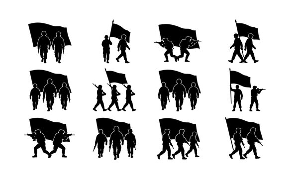 Military soldier silhouette set with flags, army infantry troops carrying banners vector, 12 war veteran icons for memorial day and patriotic designs