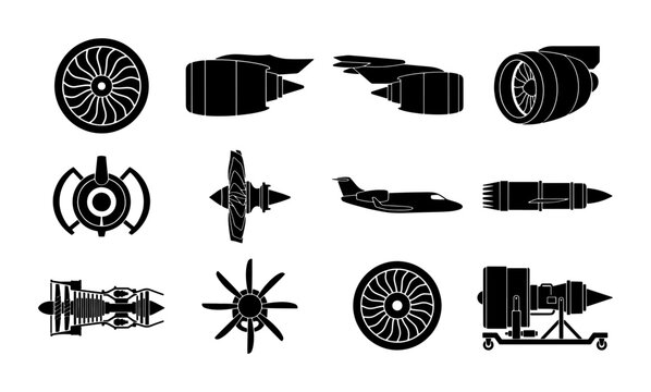 Jet engine silhouette icons set, aircraft turbine and propeller vector collection, 12 aviation propulsion system elements for aerospace engineering