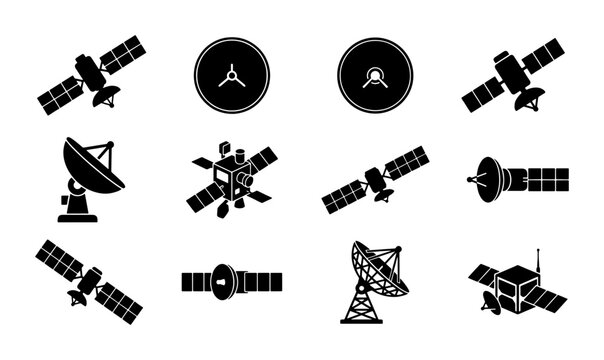 Satellite icon set with 12 black vector elements, space communication technology symbols, orbital spacecraft and parabolic antenna dish illustrations