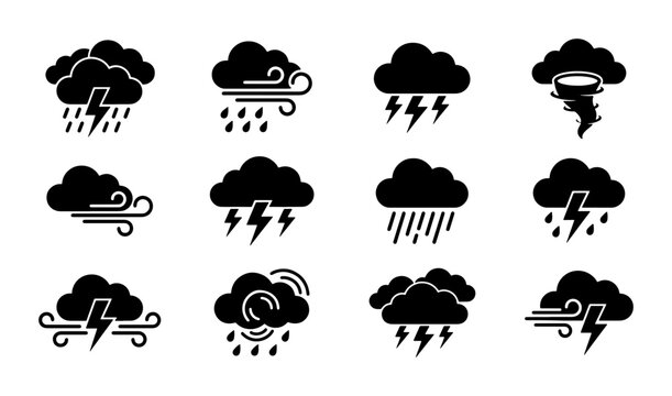 Weather icon set with storm clouds and lightning bolts, 12 black silhouette meteorology symbols, rain and wind forecast vector elements for mobile apps